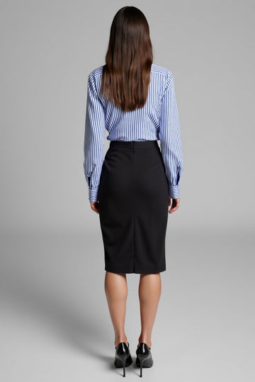 Blue Pinstripe Bodycon Midi Work Dress with Polo Collar
